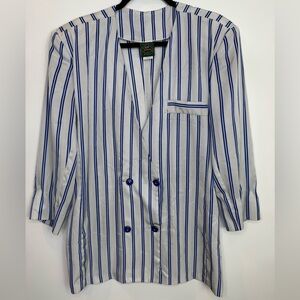 Vintage Blue White Striped Double-Breasted satiny Blazer jacket size 13